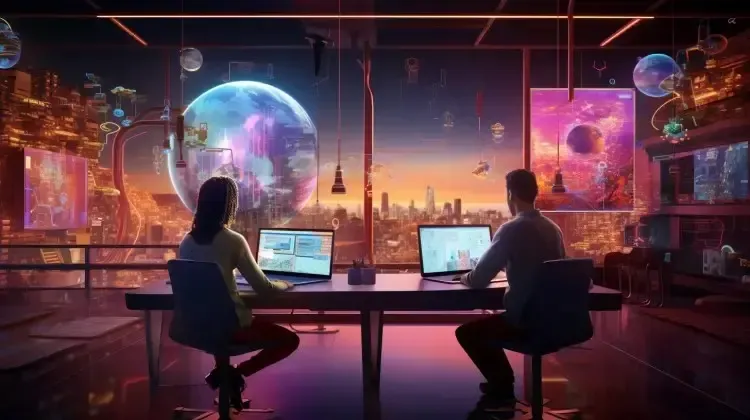 Two people work on laptops, overlooking a vibrant, futuristic cityscape and a glowing planet.