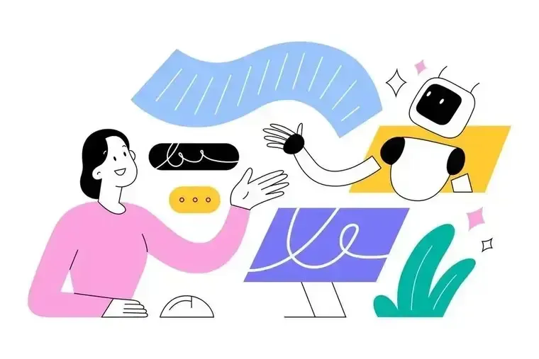 An illustration of a person collaborating with an AI robot through a computer.