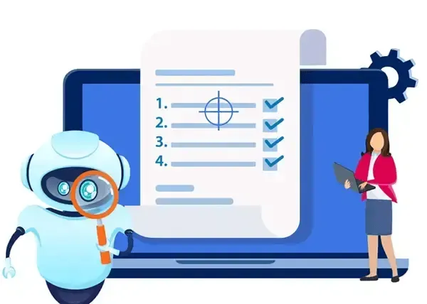 Robot inspecting a digital checklist on a laptop, with a woman overseeing.