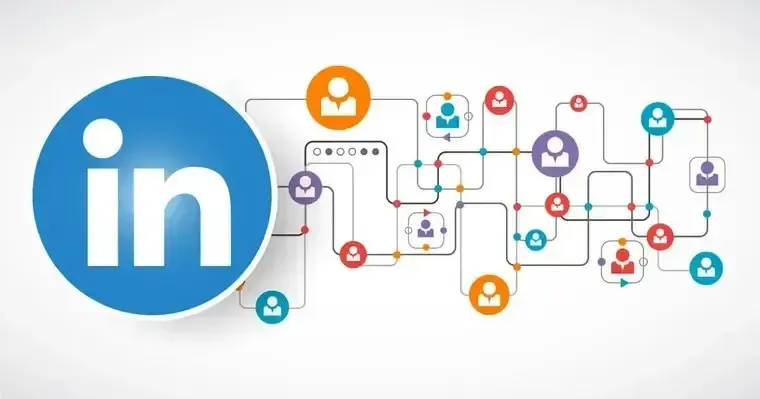 LinkedIn logo prominently featured with a vibrant network of connected user icons.