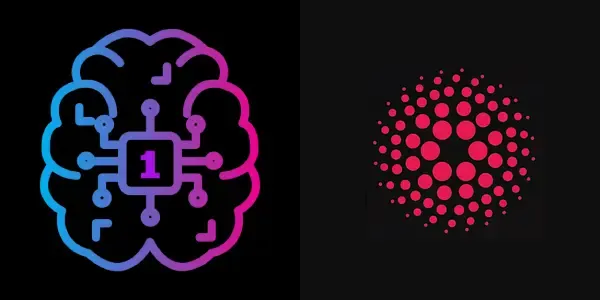 Gradient AI brain with circuit board and '1', paired with the red dotted Cardano crypto logo.