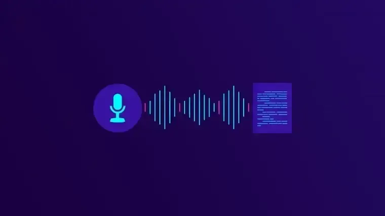 Blue microphone icon converts audio waves into a text document icon.