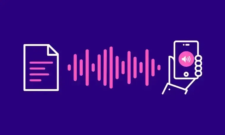 Document icon converting to sound waves then played on a smartphone, representing text-to-speech.