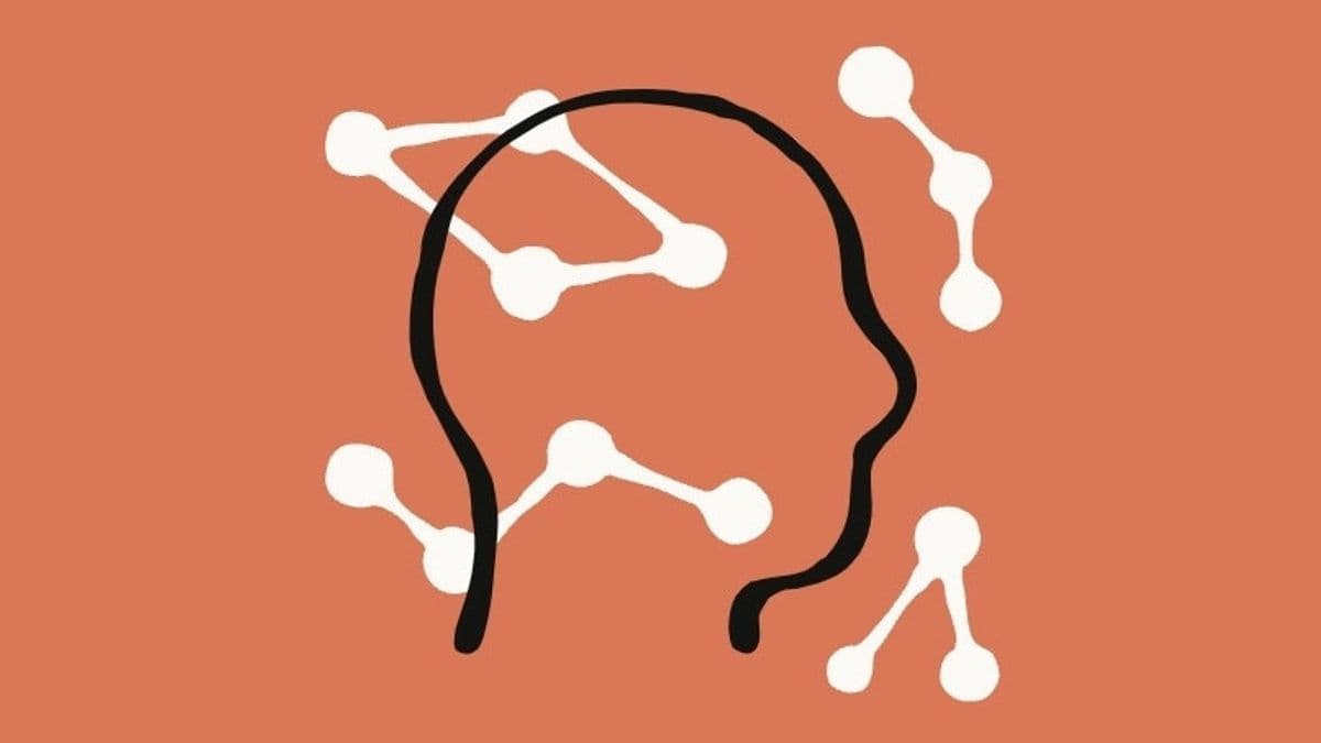 Outline of a human head with connected white nodes representing thoughts or neural networks.
