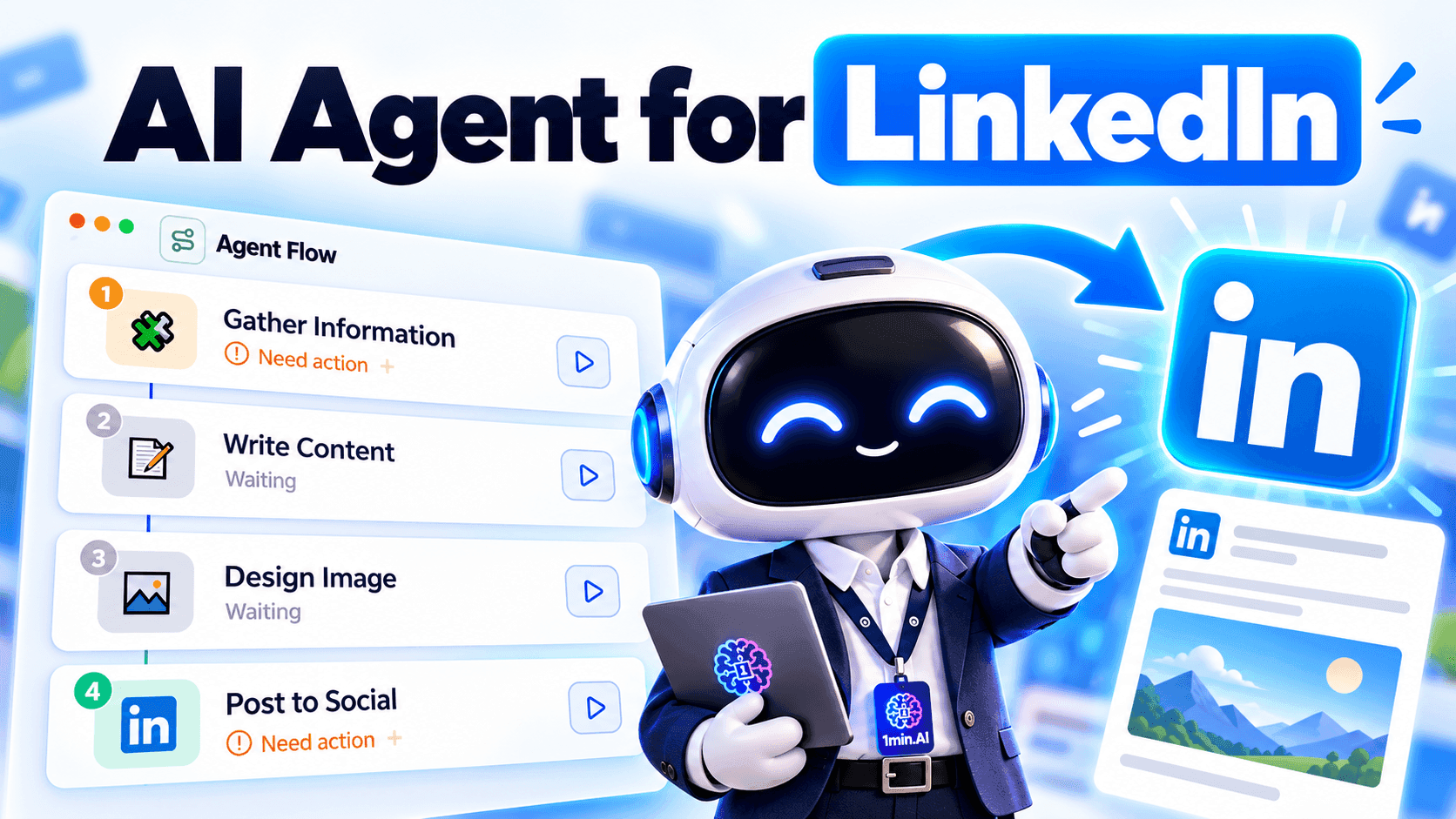 AI Agent for LinkedIn with a robot automating content creation workflow.
