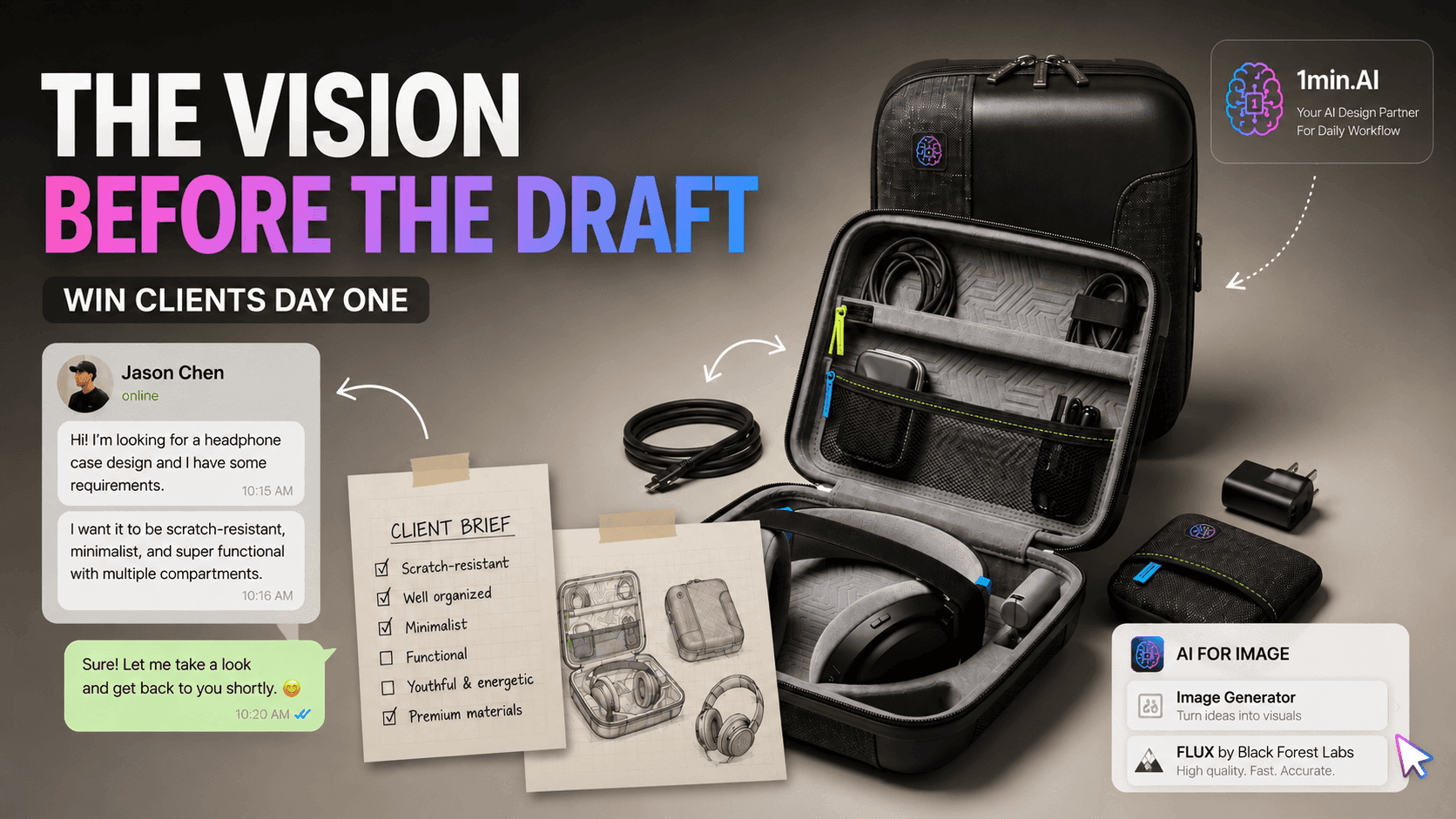 Promotional graphic for 'The Vision Before The Draft' with an open case, headphones, and accessories.
