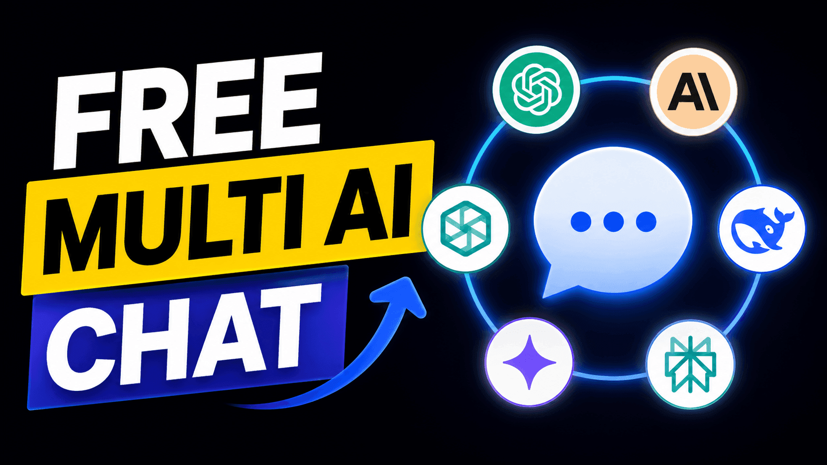 Text reads FREE MULTI AI CHAT with various AI logos integrated around a speech bubble.