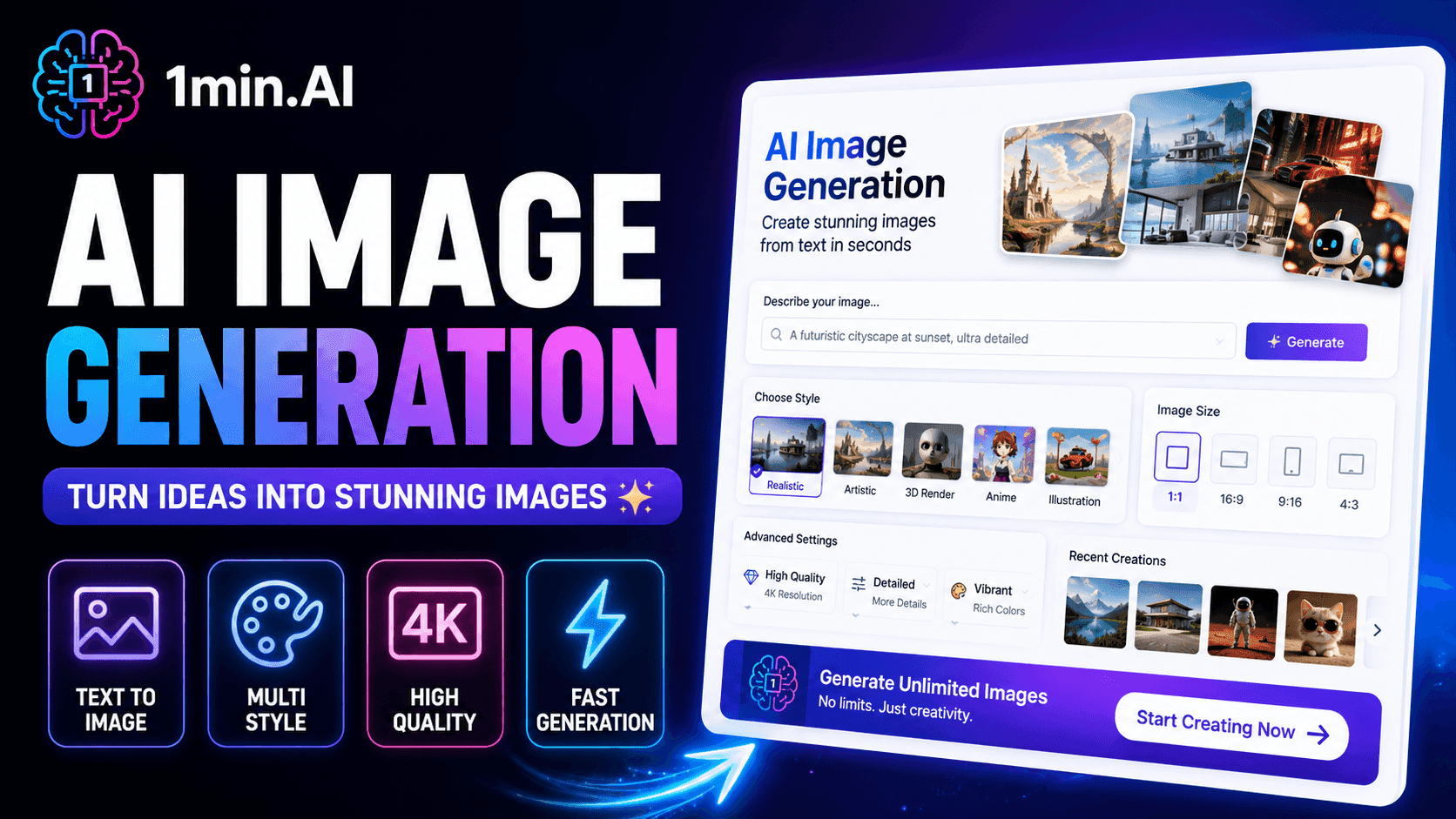 1min.ai ad displaying AI Image Generation features, interface, and stunning visual examples.
