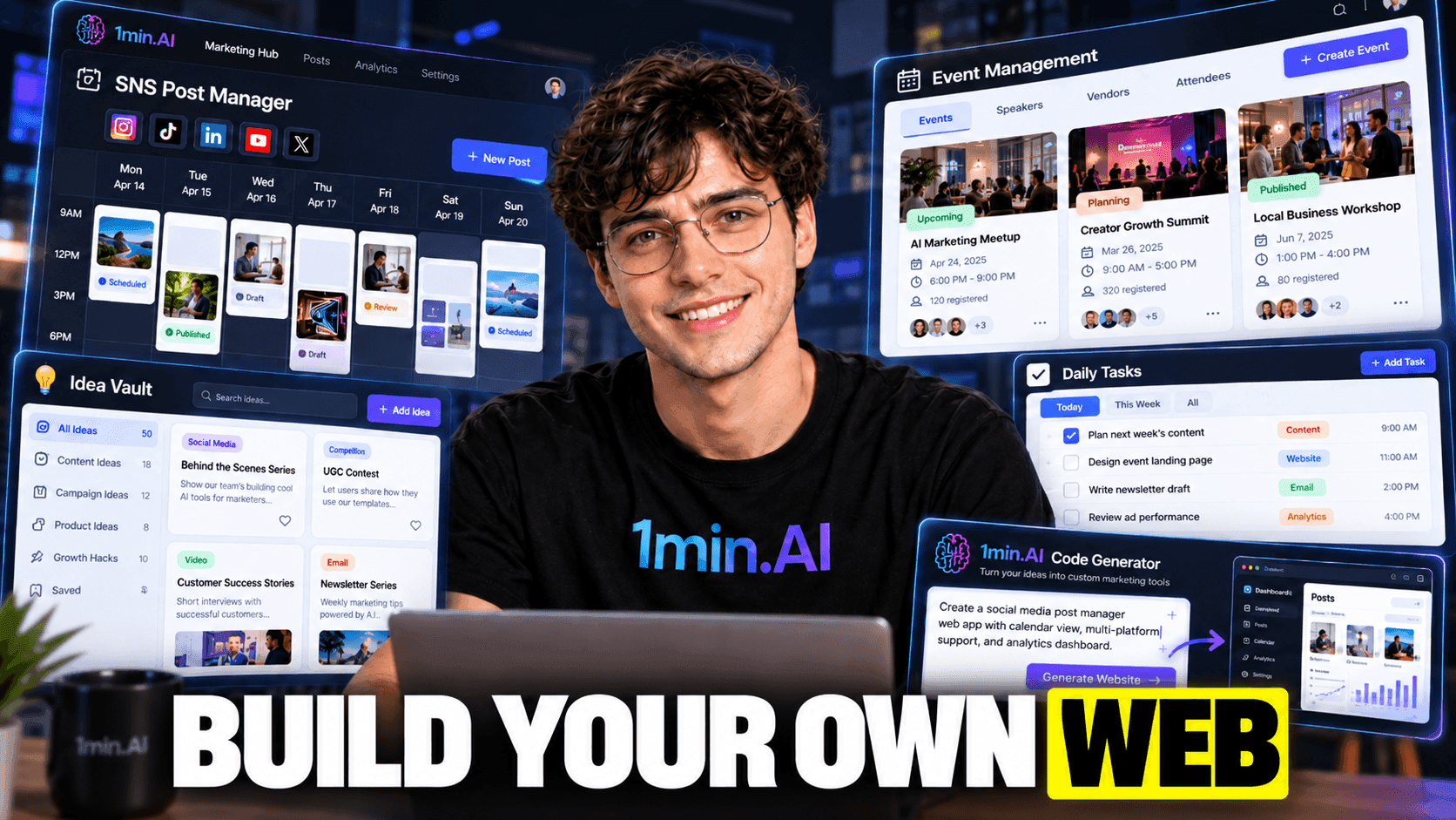 Young man smiling amidst AI web app interfaces for social media, events, and tasks.