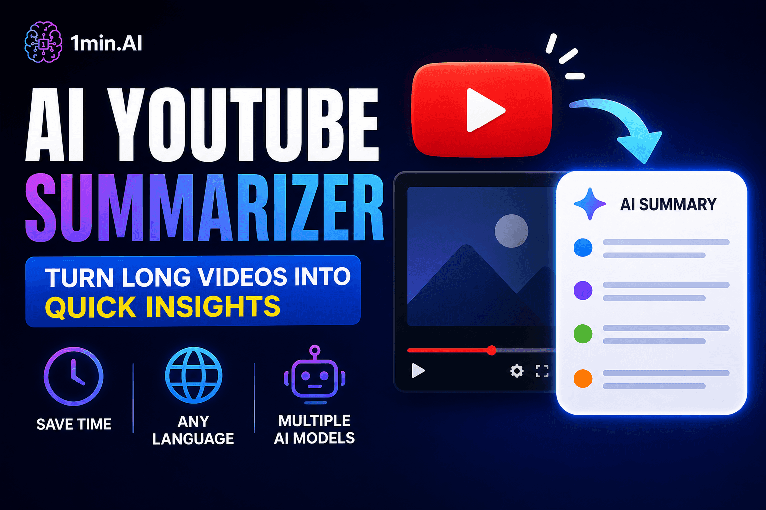 AI YouTube Summarizer promotional graphic showing turning long videos into quick insights.
