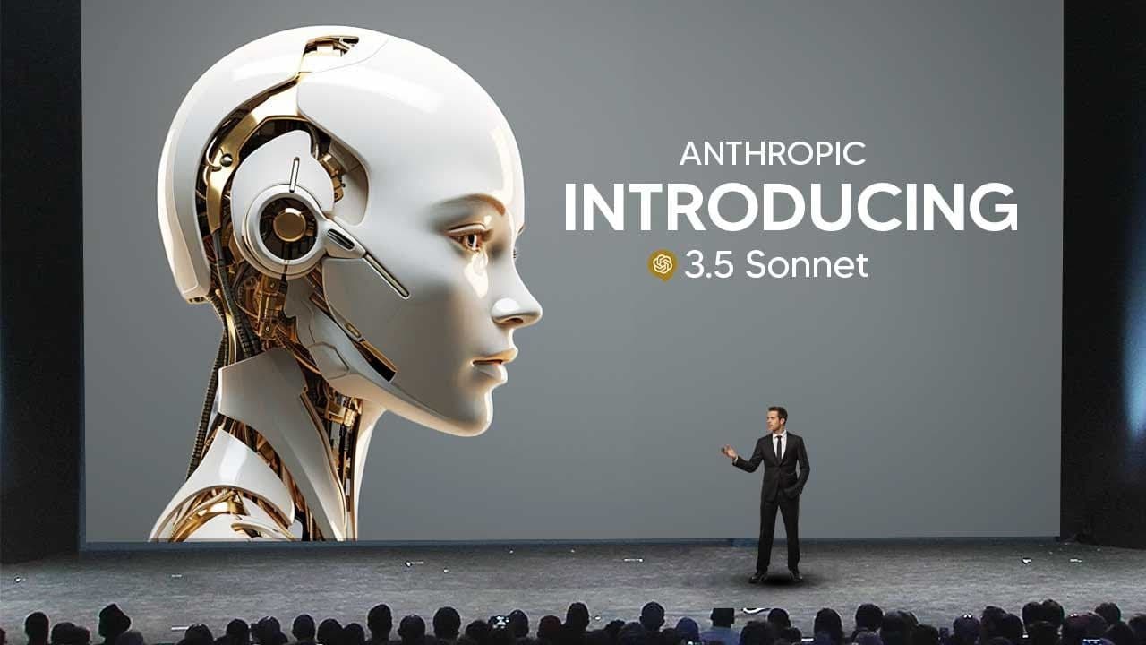 Futuristic robot head and 'ANTHROPIC INTRODUCING 3.5 Sonnet' displayed on screen with presenter.
