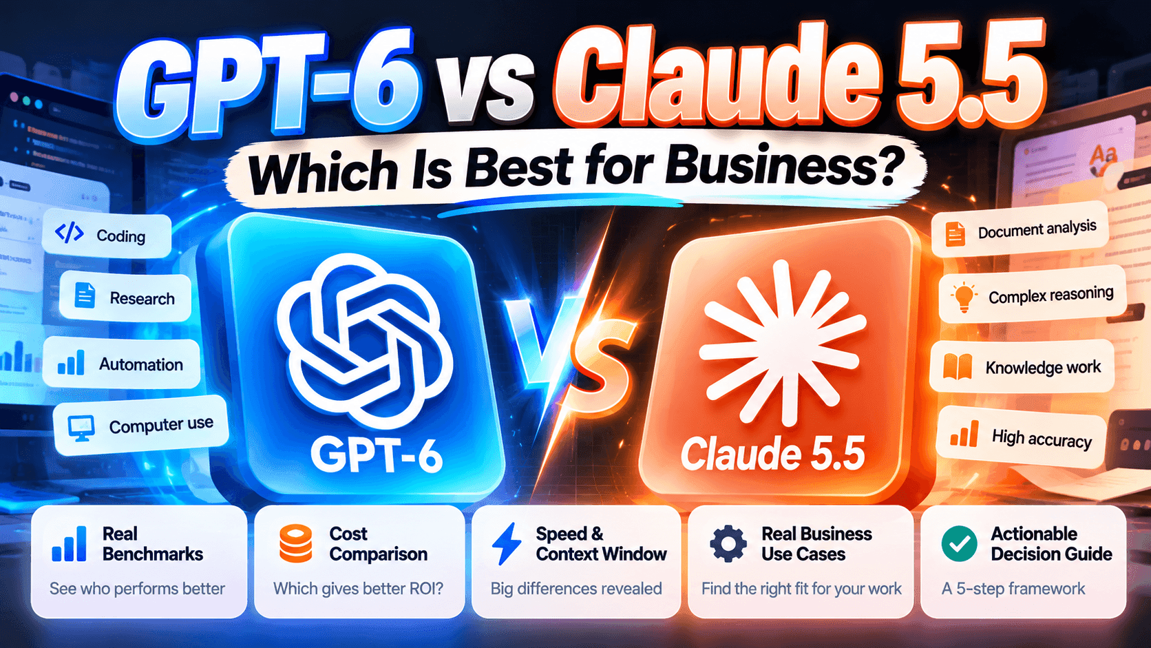 GPT-6 vs Claude 5.5 comparison for business, highlighting AI benchmarks, pricing, speed, context window, and practical use cases.