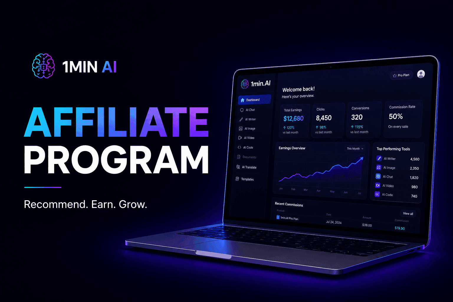 1MIN AI Affiliate Program promotional banner featuring a laptop displaying a performance dashboard.