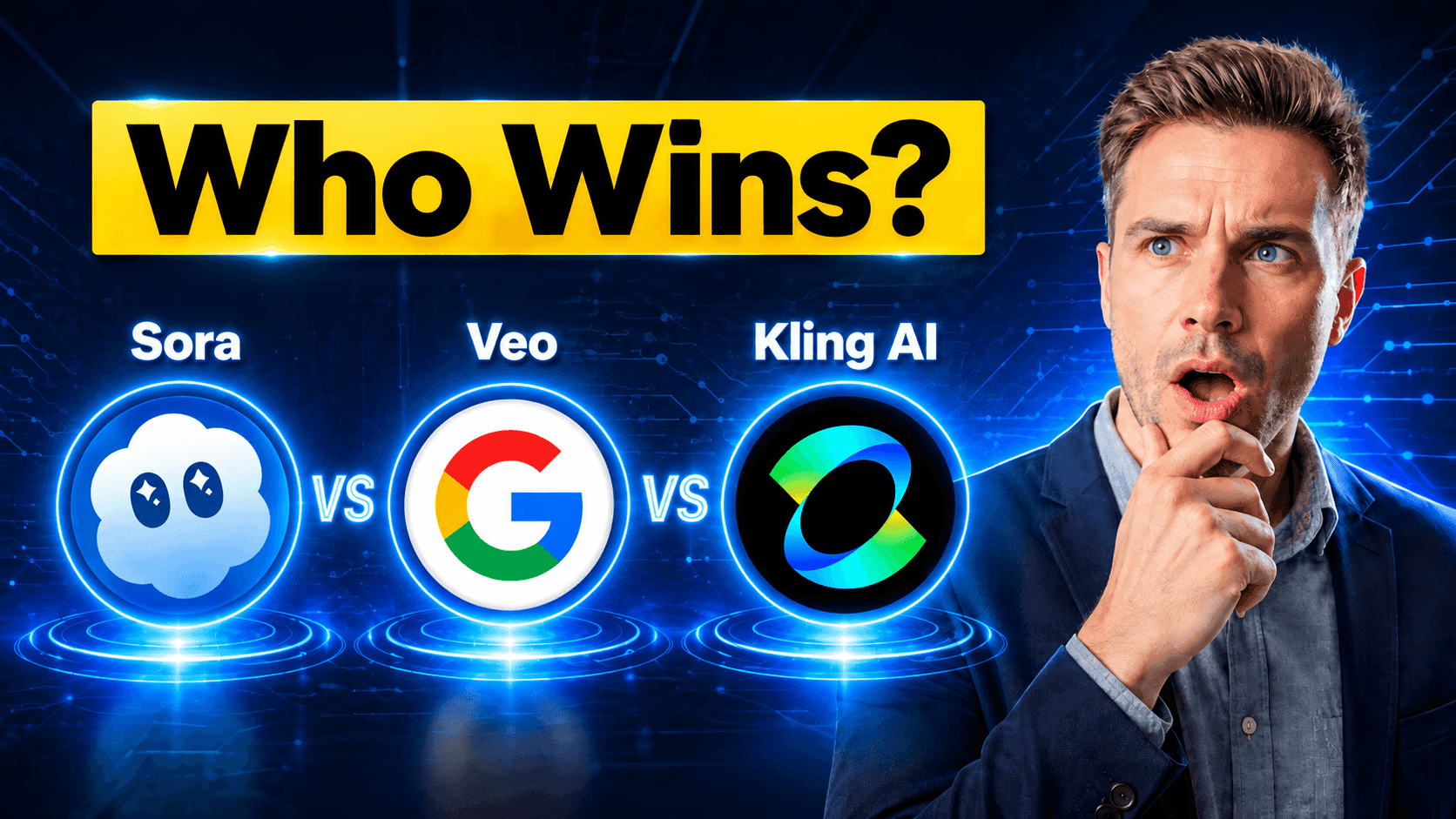 Man ponders 'Who Wins?' between Sora, Google Veo, and Kling AI models.