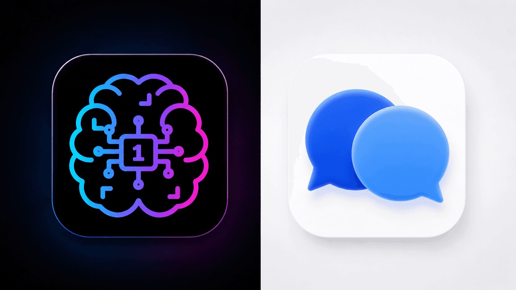 Neon AI brain circuit icon next to two blue chat bubble icons.