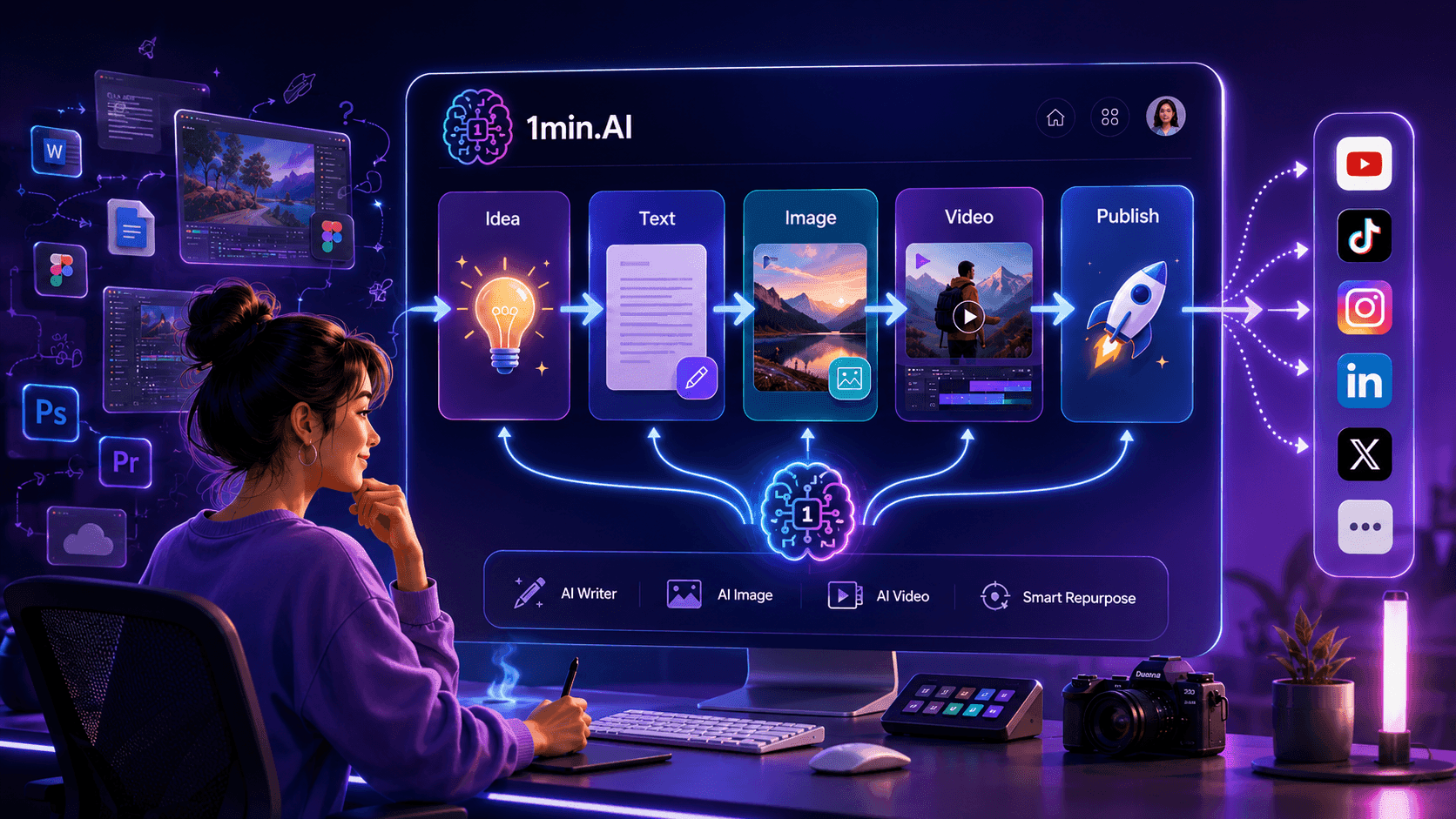 Woman at desk uses an AI platform displaying a content creation workflow.