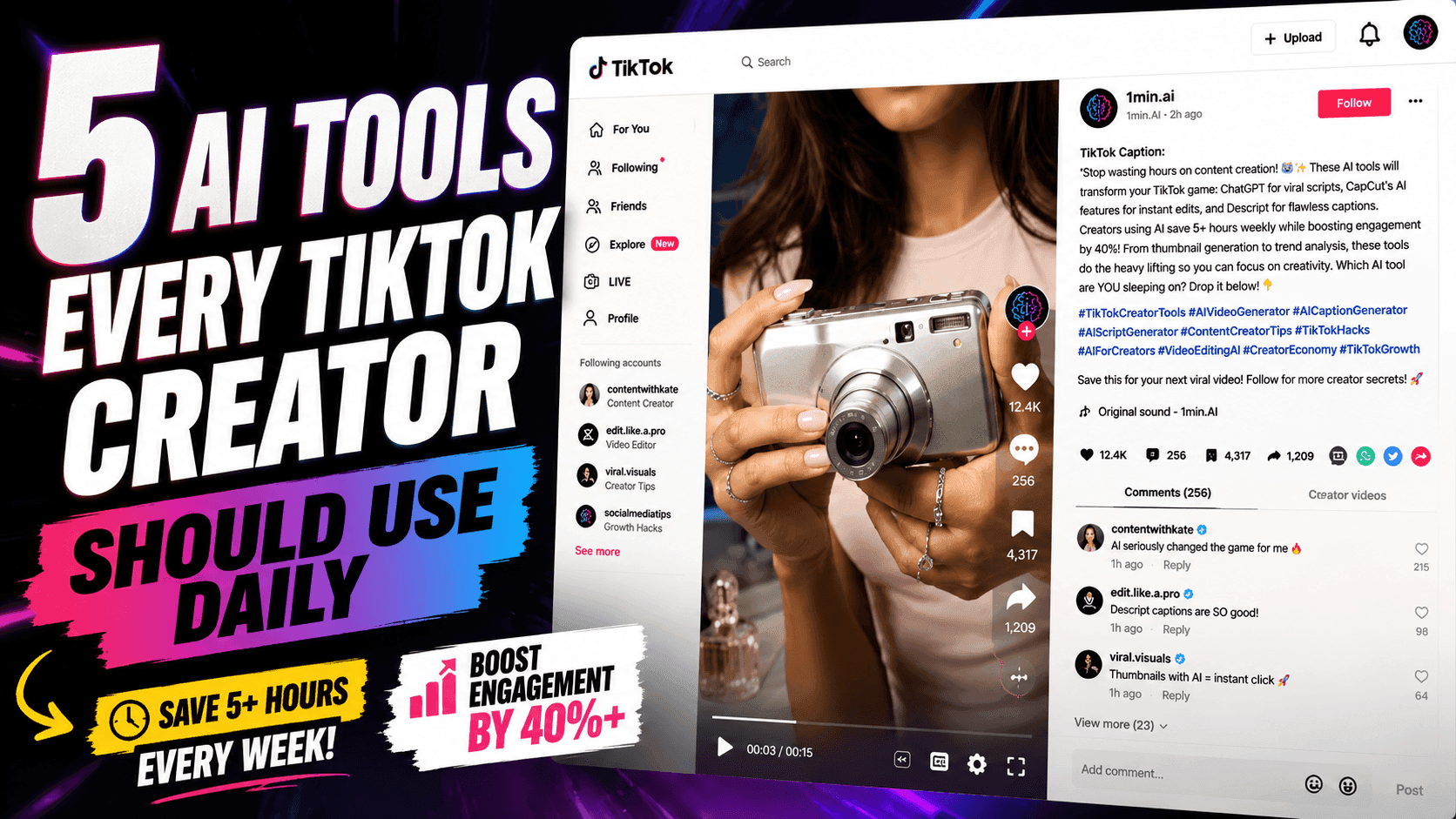 Video thumbnail promoting '5 AI Tools Every TikTok Creator Should Use Daily'.