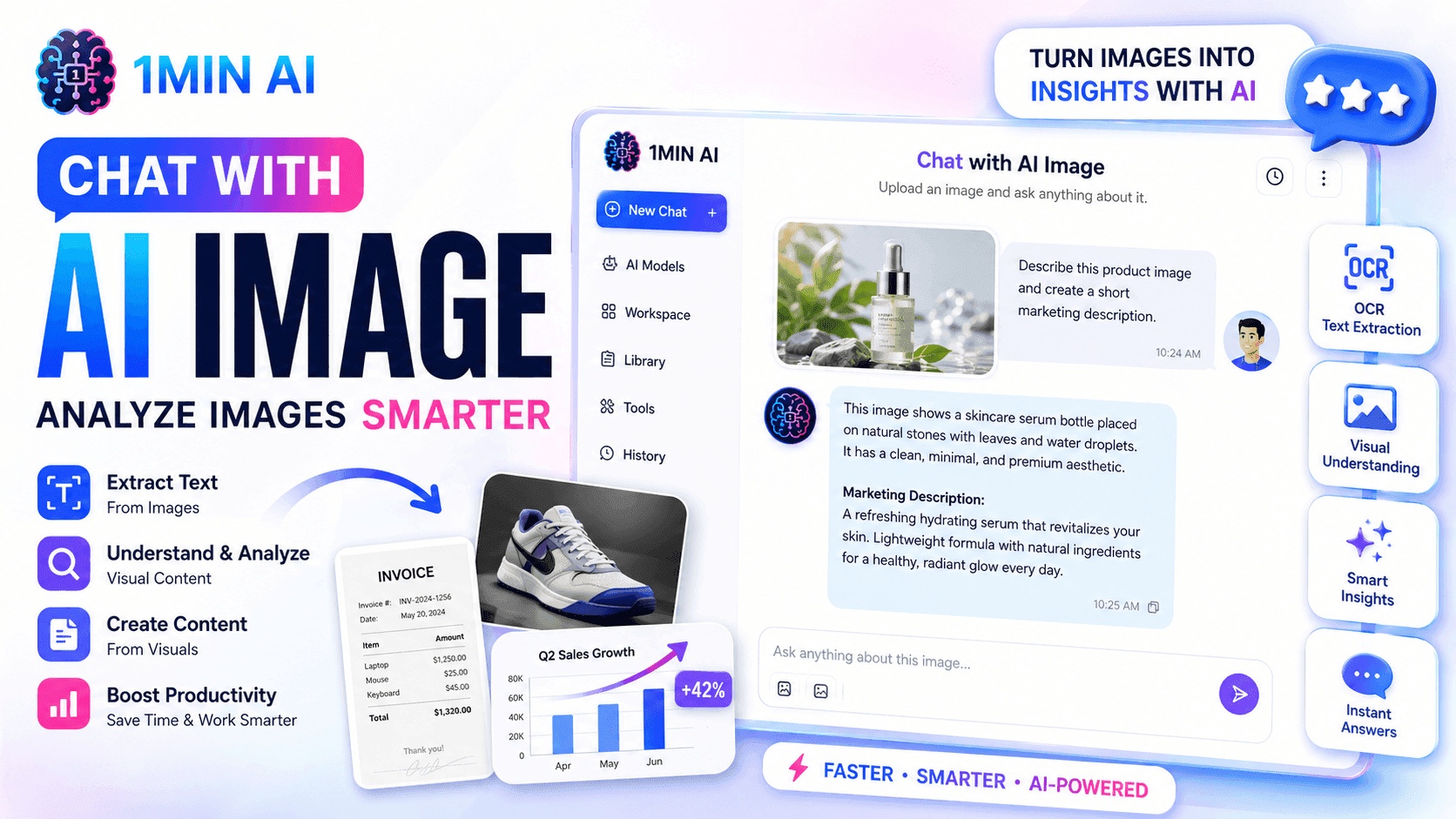 1MIN AI promotional banner showcasing the 'Chat with AI Image' feature for smart analysis.