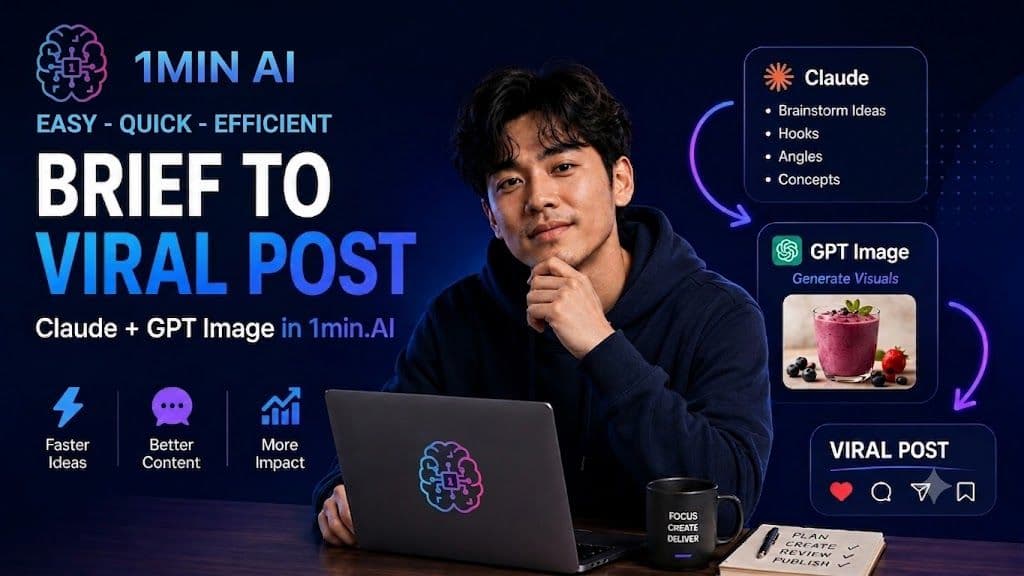 Man demonstrating AI tools to create viral posts from a brief.