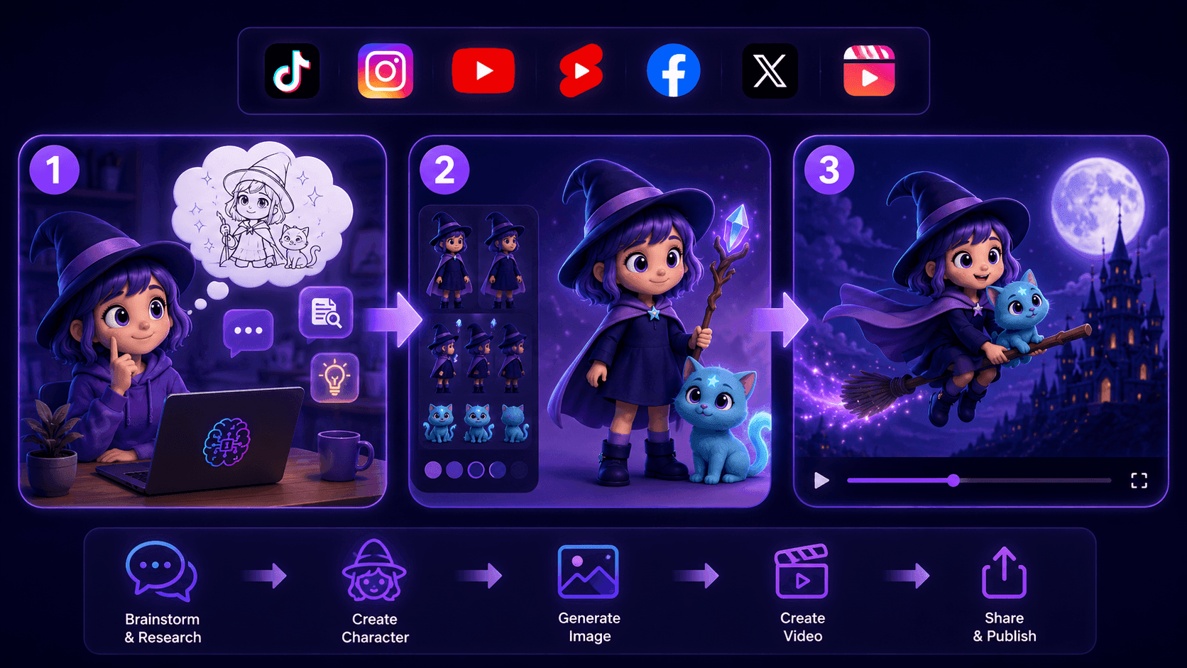 AI-powered creative process showing a witch character from concept to video sharing on social media.