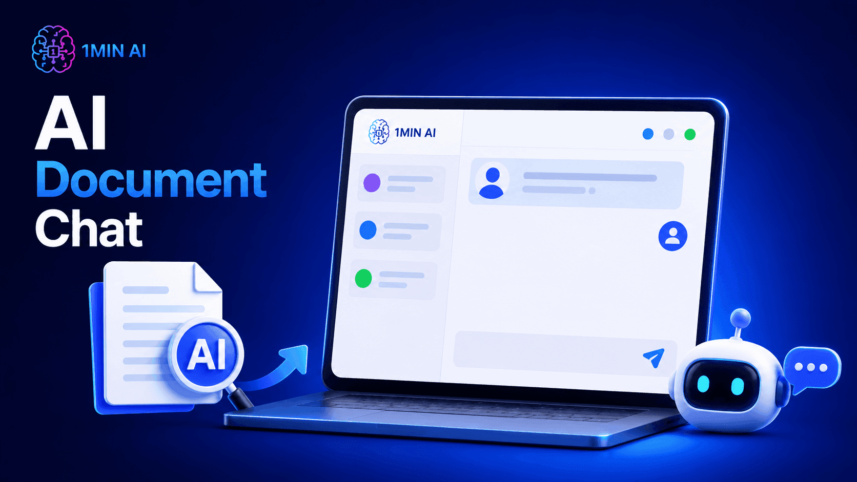 Laptop with chat interface, robot, document icon, representing AI Document Chat.