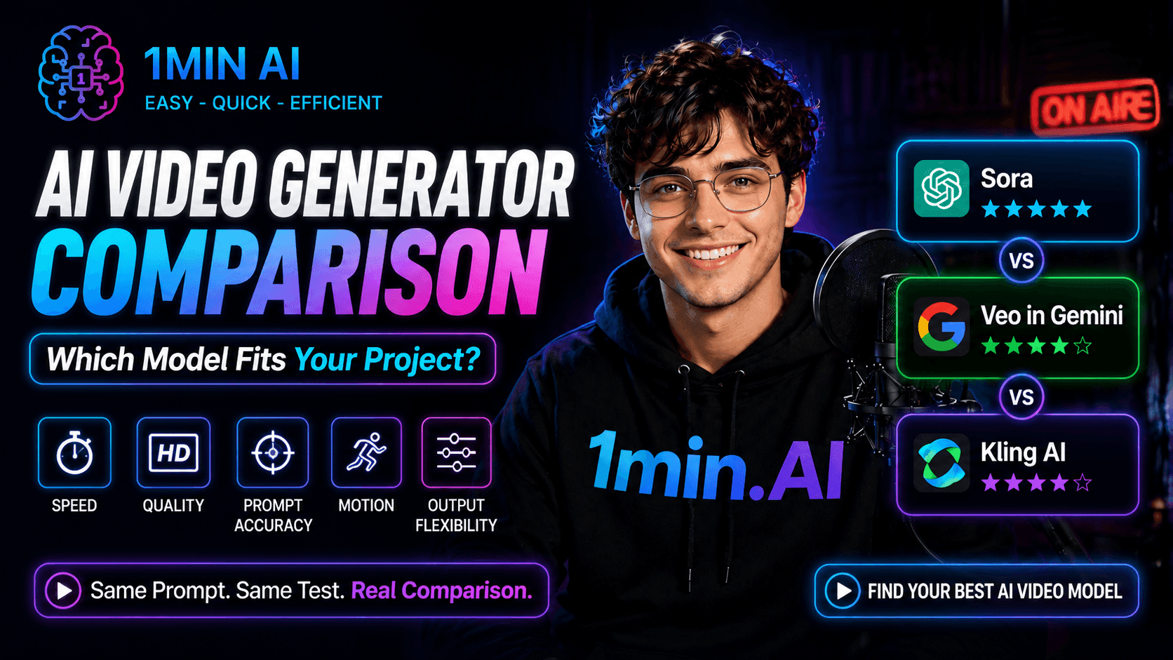Man comparing AI video generators Sora, Veeo in Gemini, and Kling AI for project fit.