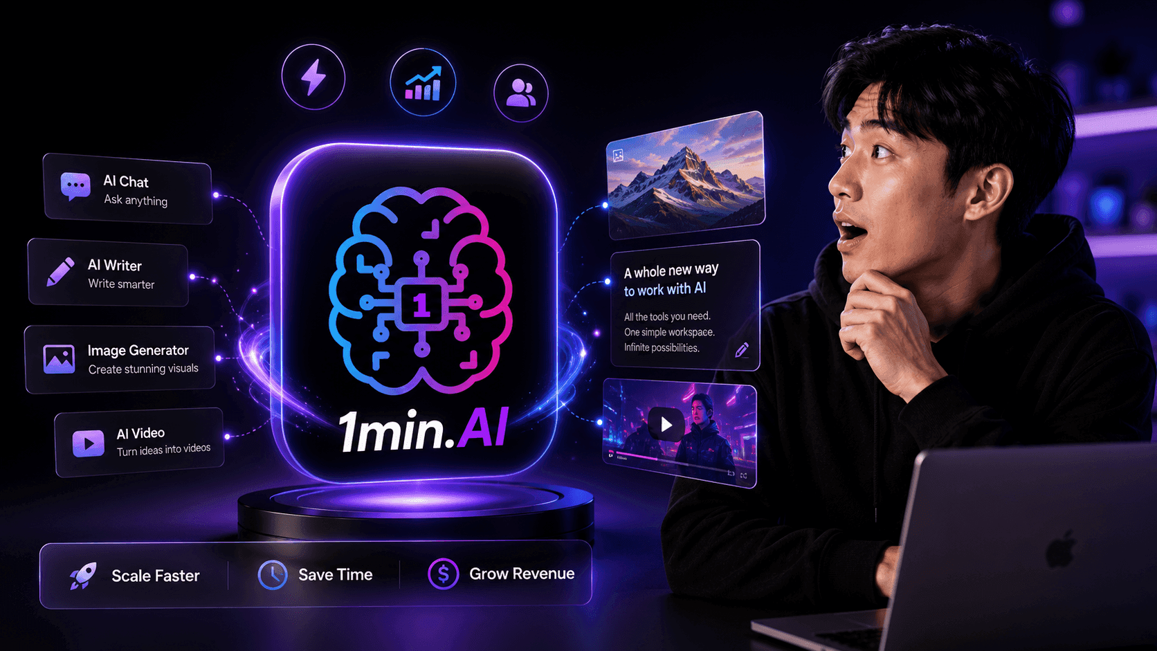 Man amazed by "1min.AI" holographic display showing AI content creation features and benefits.