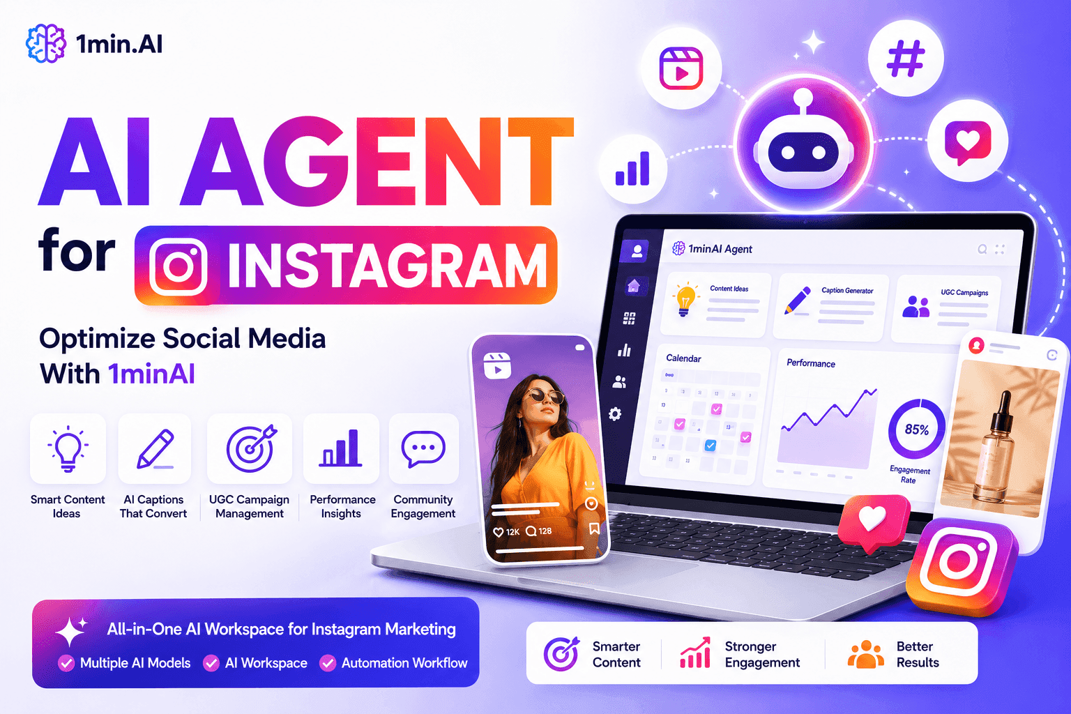 1min.AI's AI Agent for Instagram shown on laptop, phone, highlighting marketing features.