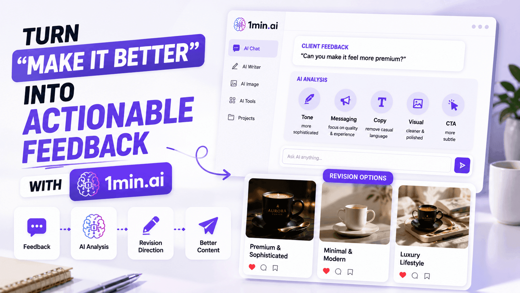 1min.ai uses AI to turn 'make it better' feedback into actionable revision directions.