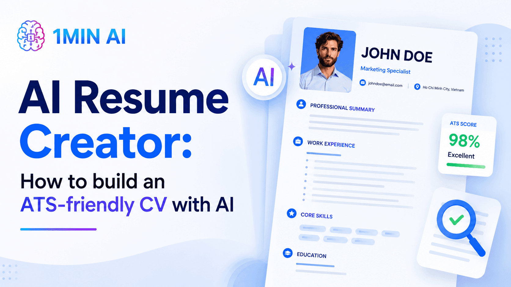 AI Resume Creator graphic showing an ATS-friendly CV for John Doe, Marketing Specialist.