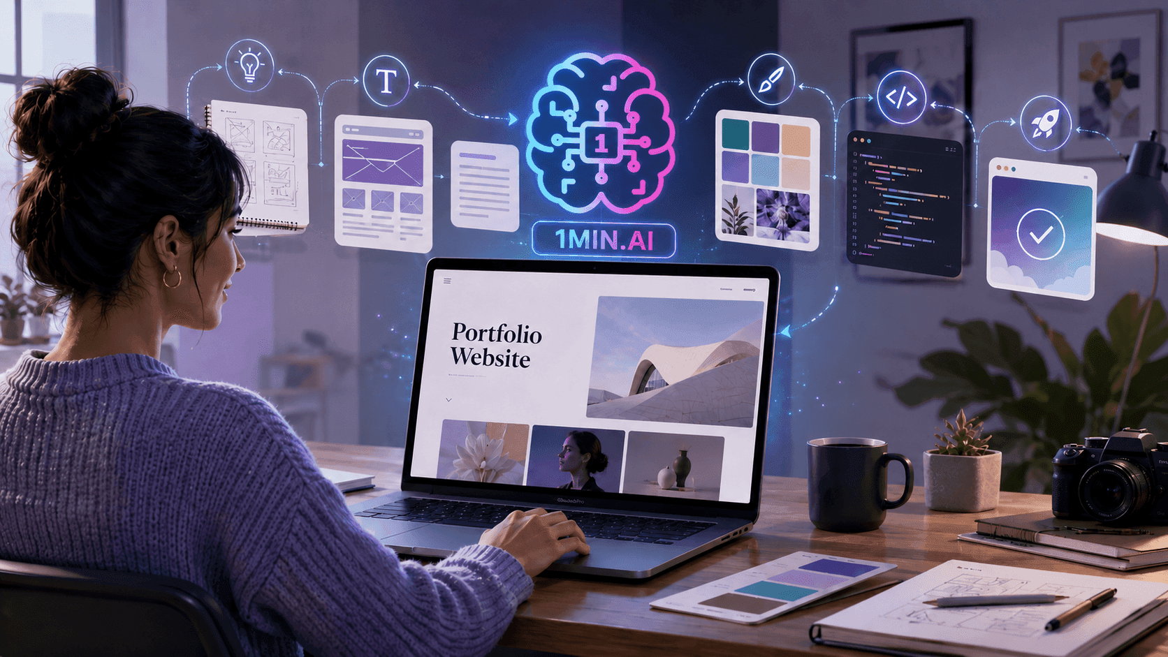 A woman uses a laptop connected to an AI brain graphic generating website design elements.