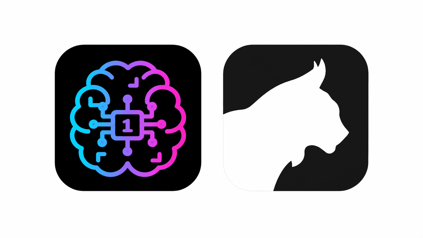 Two app icons: a glowing brain with circuits and a white lynx silhouette.