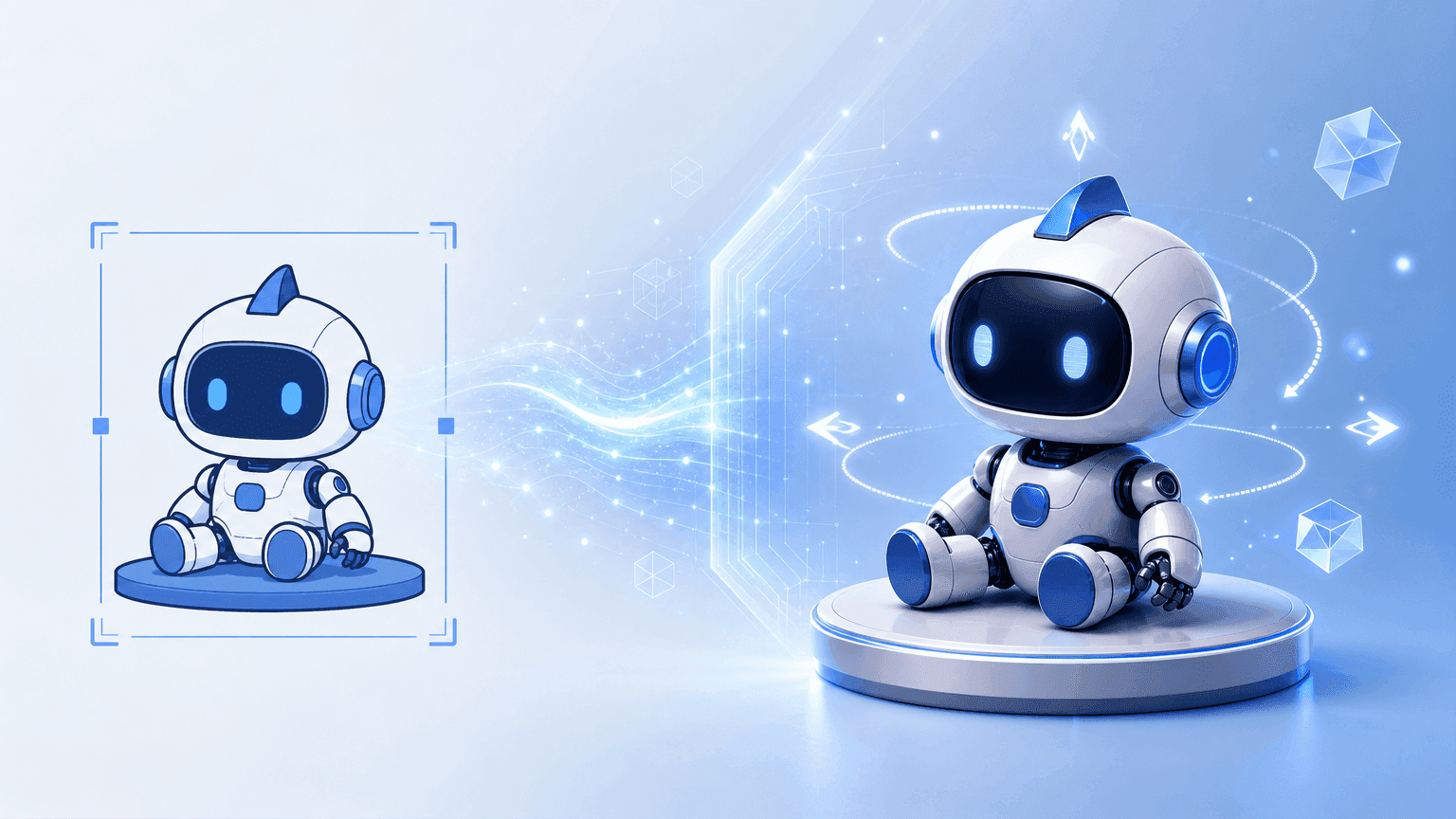 A cute white and blue cartoon robot evolves into a detailed 3D model.