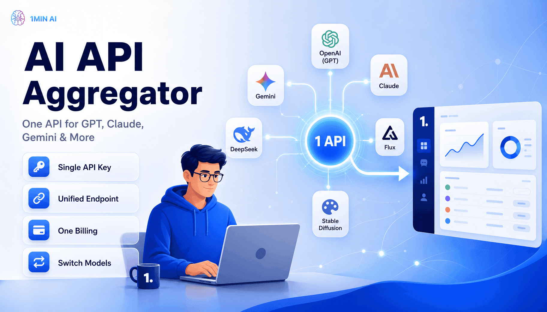 AI API aggregator unifies access to multiple models including GPT, Claude, and Gemini.