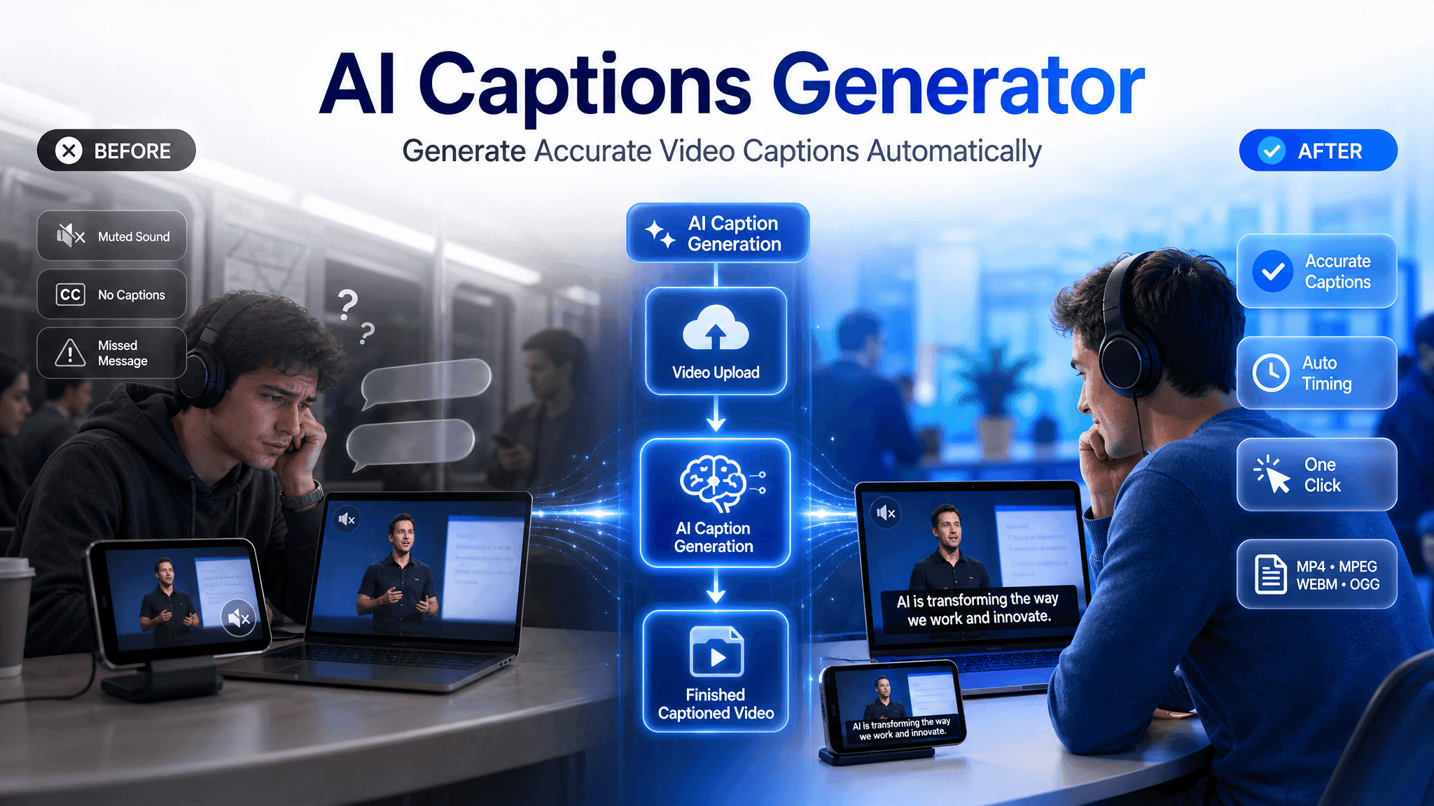 AI Captions Generator demonstrating manual vs. automatic video captioning process and results.