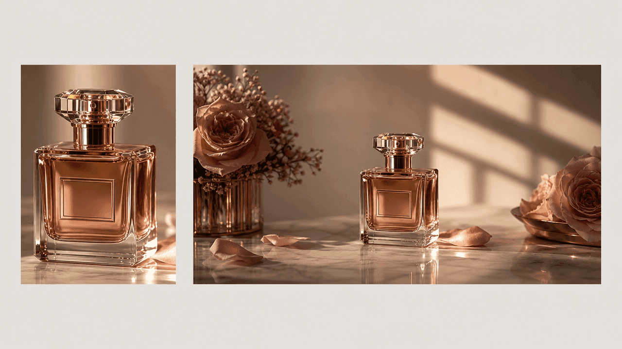 Rose-gold perfume bottle with a faceted cap, surrounded by pink rose petals and soft shadows.