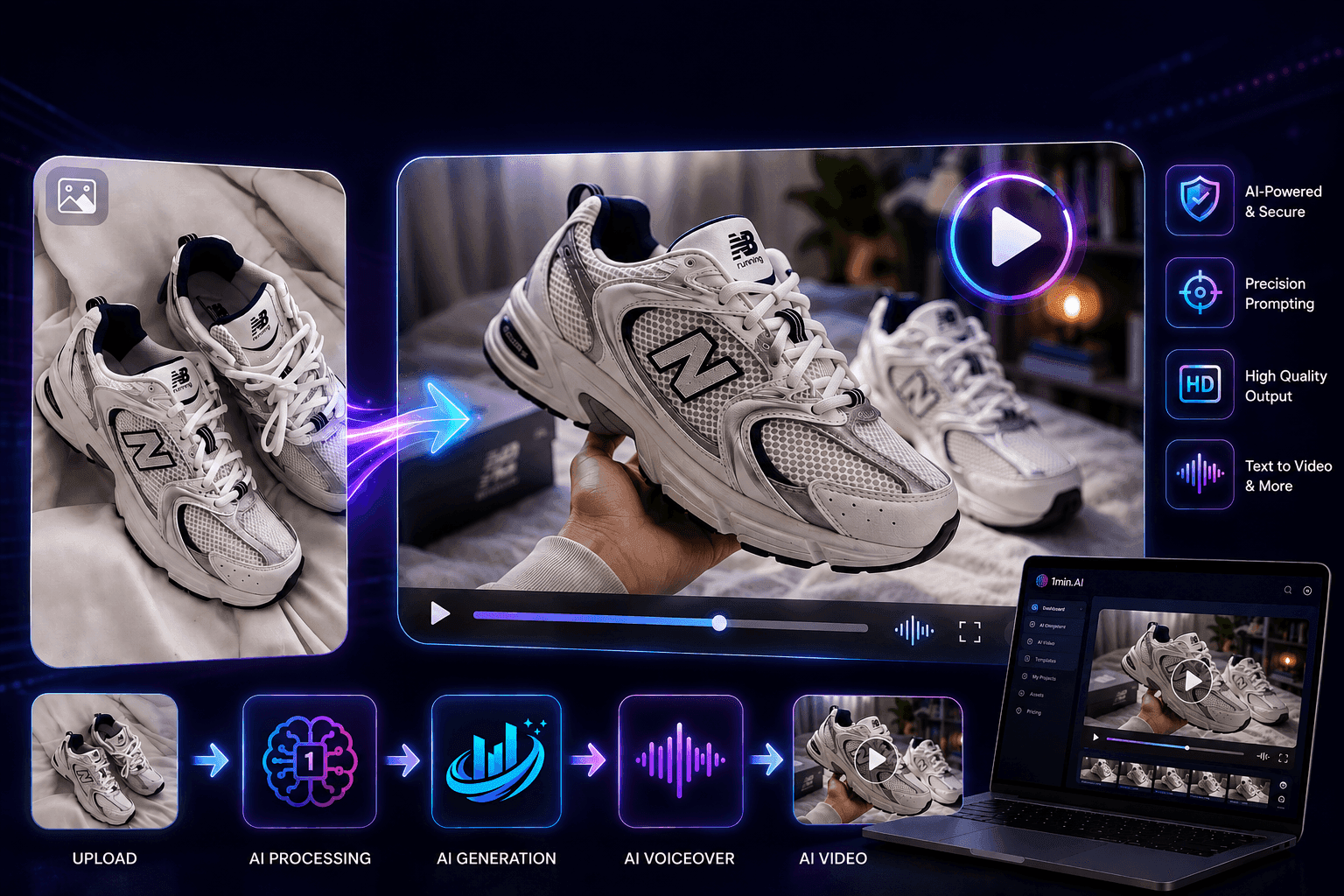 AI workflow showing how an image of New Balance sneakers is transformed into a video.