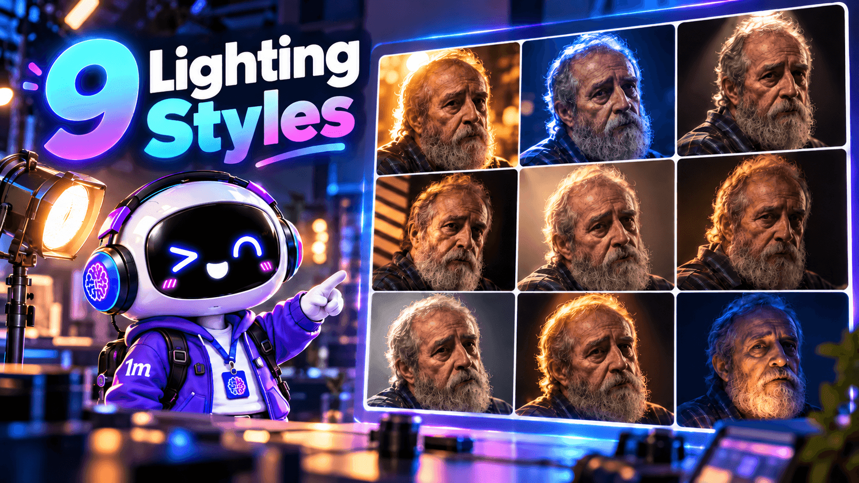 A robot presents a screen demonstrating nine distinct lighting styles on a man's face.