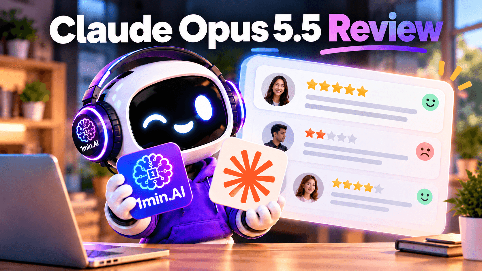 A robot reviews Claude Opus 5.5, holding AI app icons next to user feedback cards.