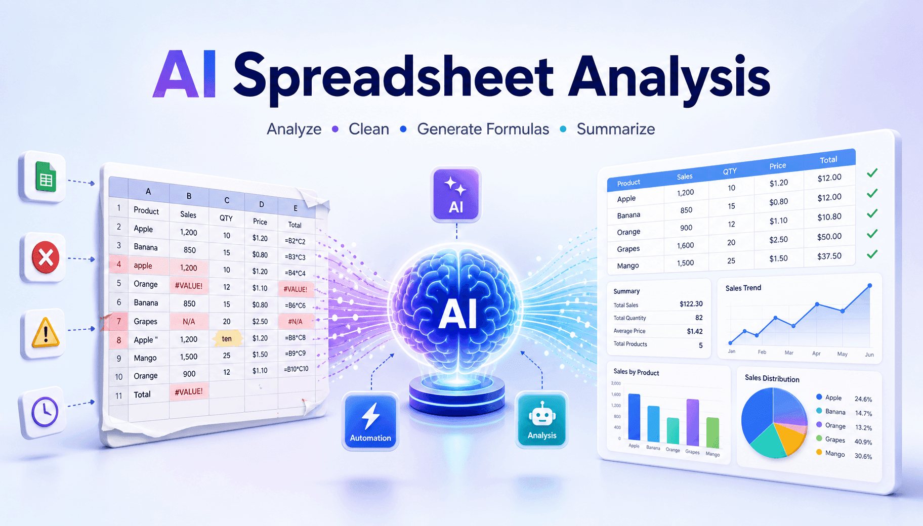 Graphic showing AI analyzing, cleaning, and summarizing spreadsheets, transforming messy data into clean insights.