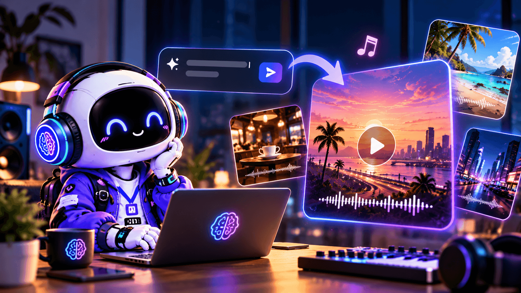 Cute robot with headphones on a laptop surrounded by glowing digital media interfaces.