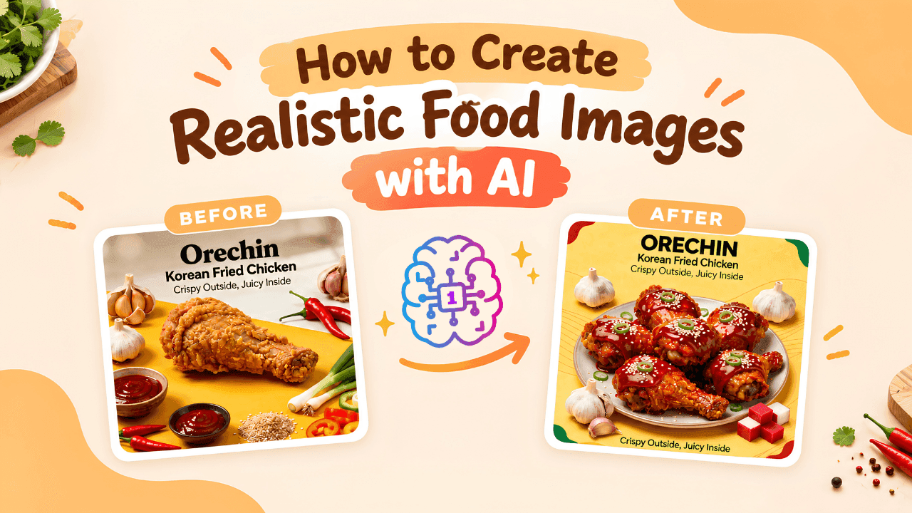 Graphic: 'How to Create Realistic Food Images with AI,' comparing before and after AI-enhanced fried chicken.