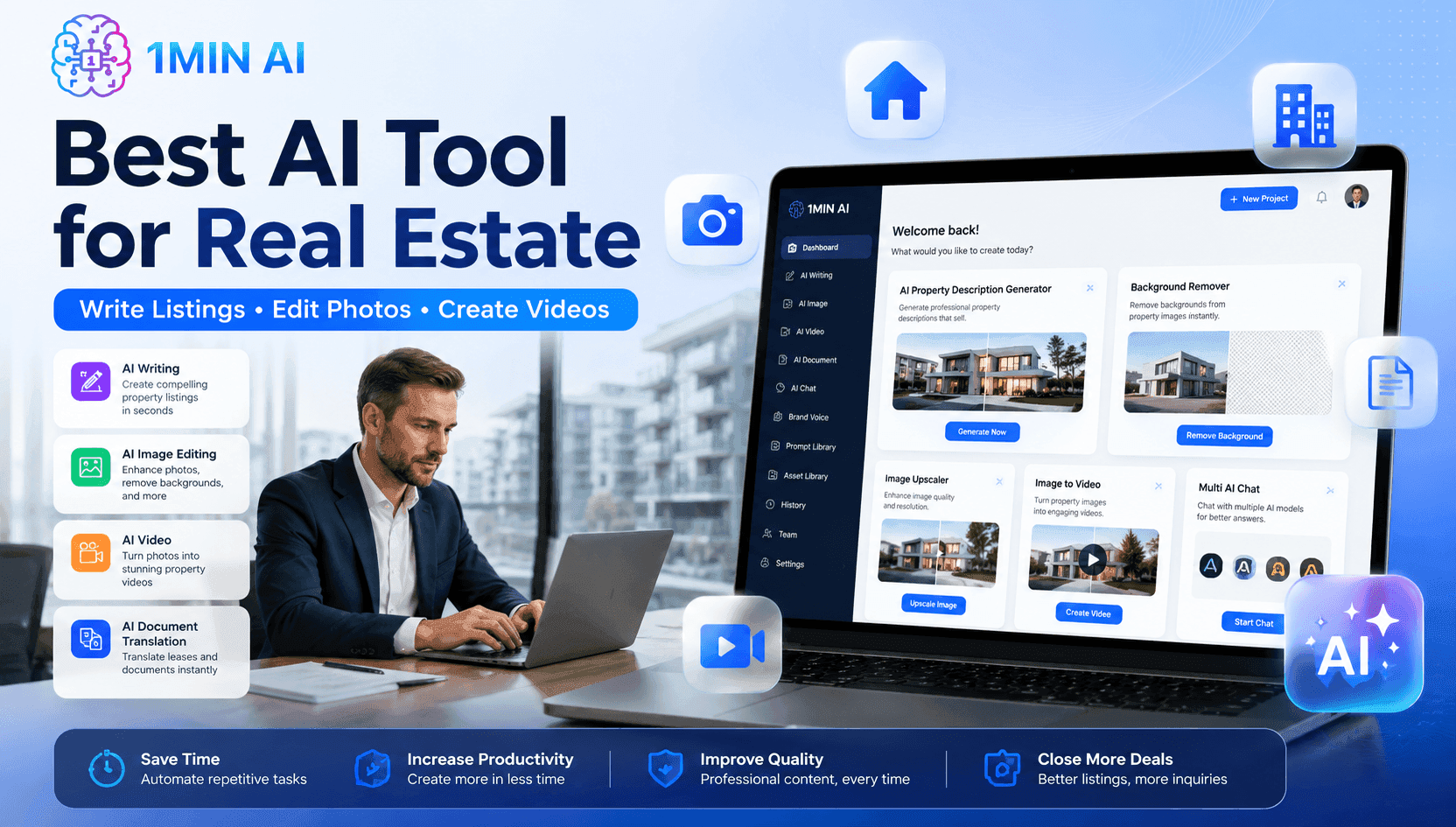 Ad for 1MIN AI, best AI tool for real estate, with man using laptop.