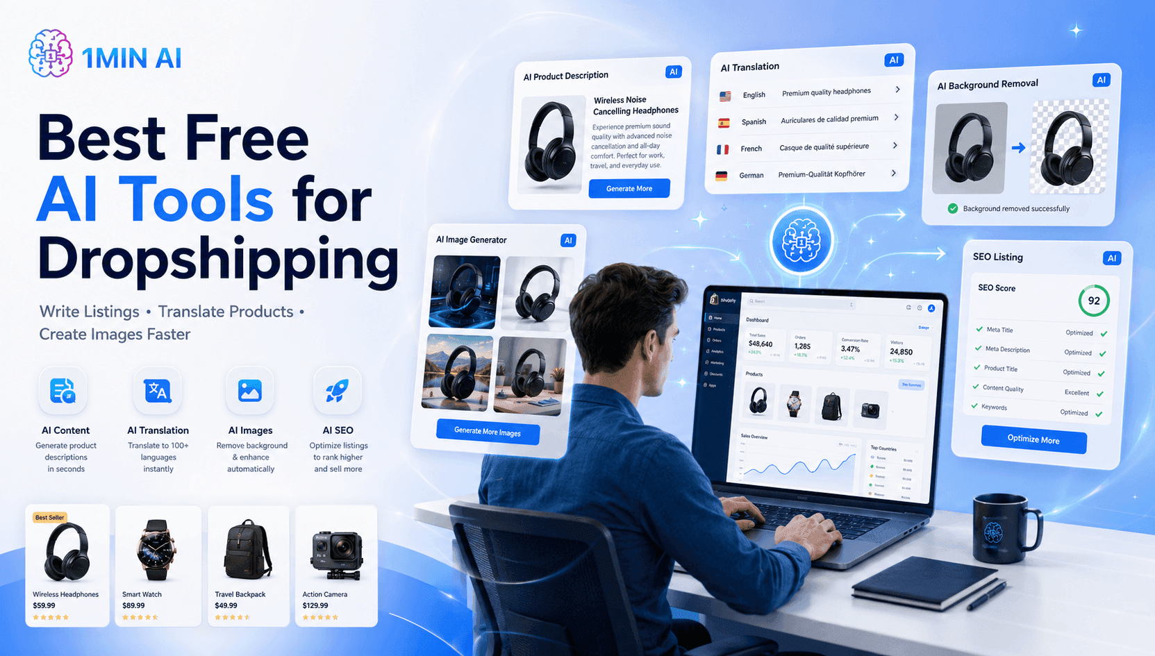 1MIN AI advertisement promotes best free AI tools for dropshipping, with features and a user.