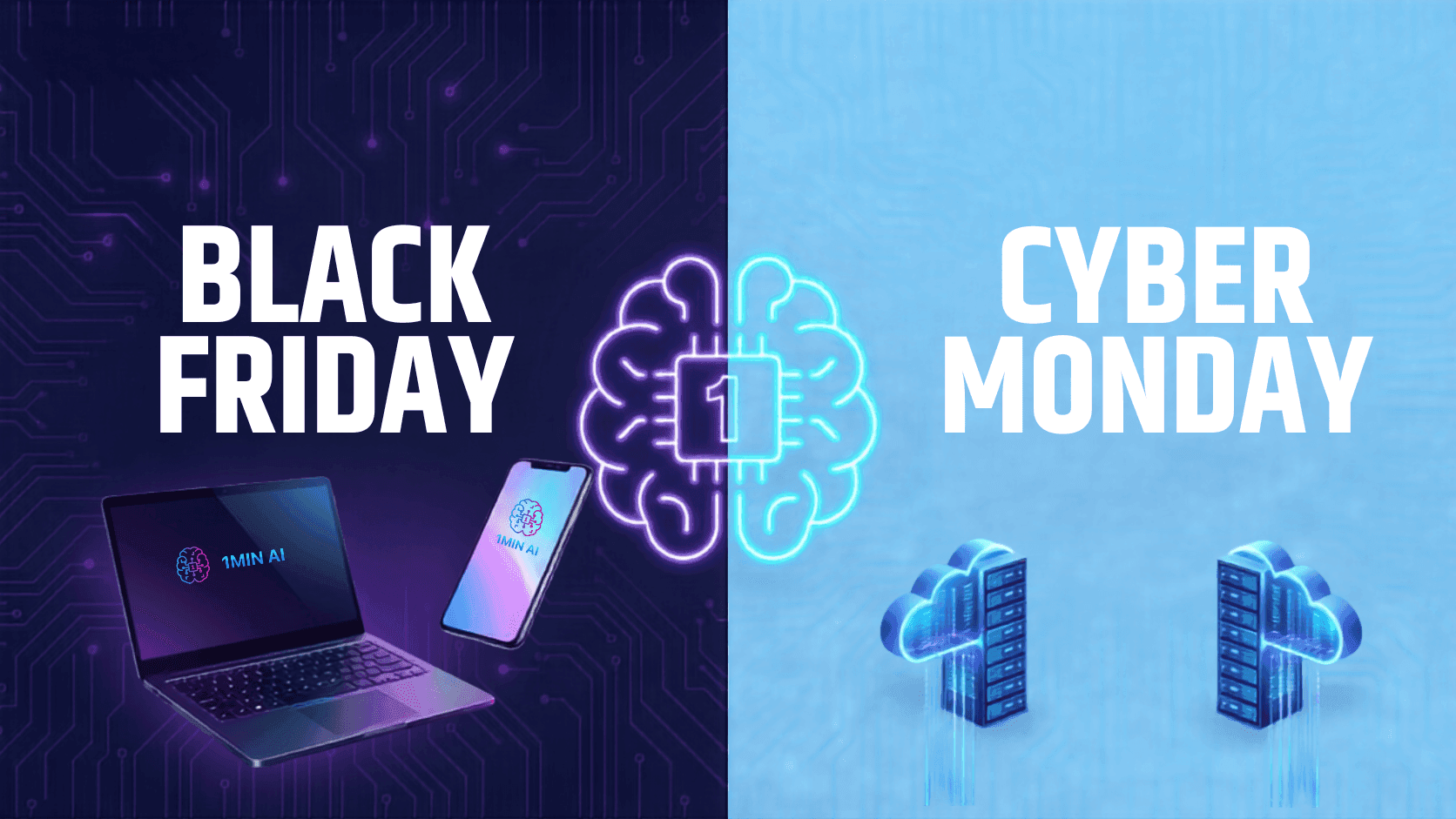Black Friday and Cyber Monday promotion featuring brains, tech devices, and cloud services.