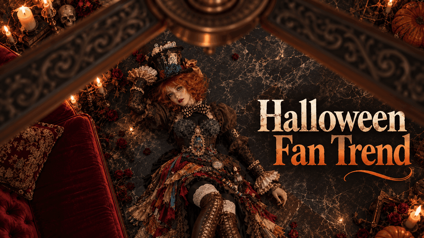 Elaborate doll in a Victorian-steampunk costume surrounded by gothic Halloween decorations, with 'Halloween Fan Trend' text.