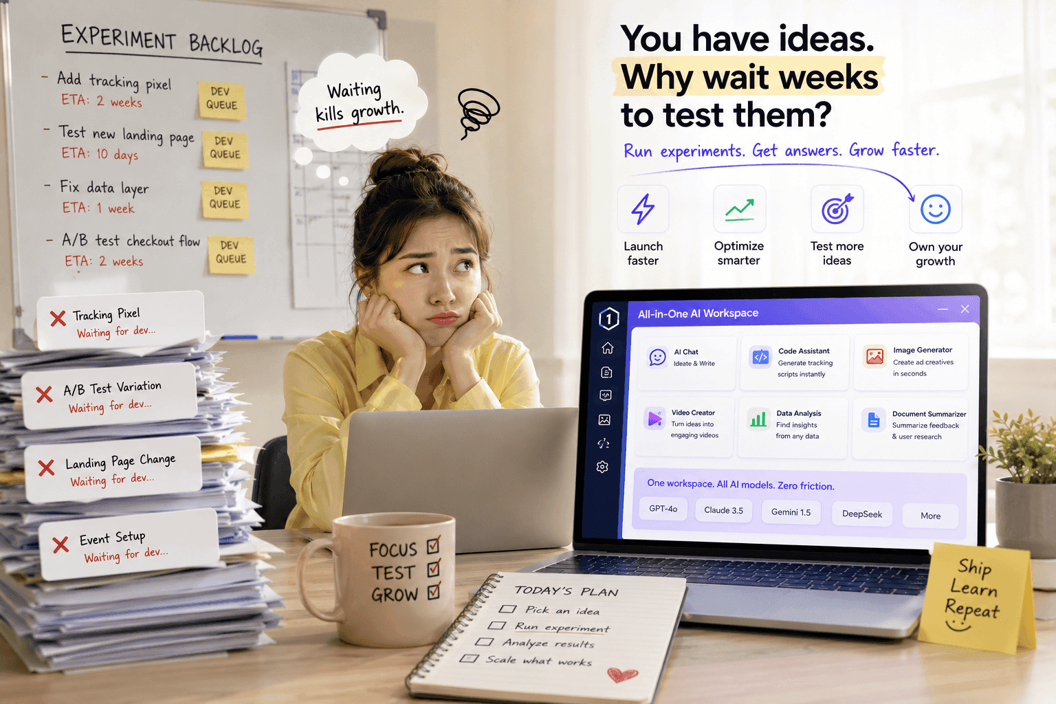 Frustrated woman at laptop surrounded by paperwork, looking at software for fast experiment testing.