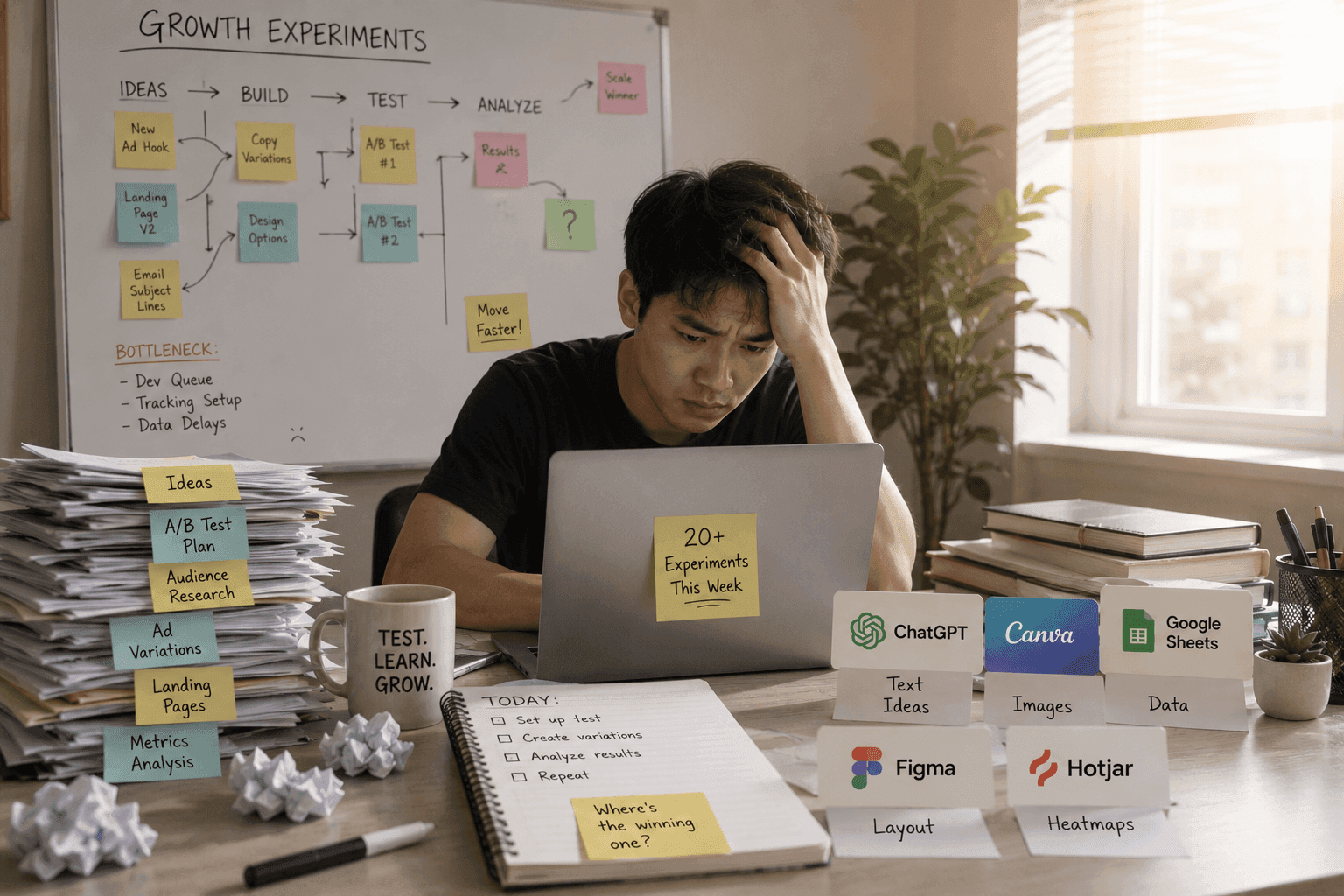 Stressed man at a desk with laptop, surrounded by numerous growth experiment documents and tools.