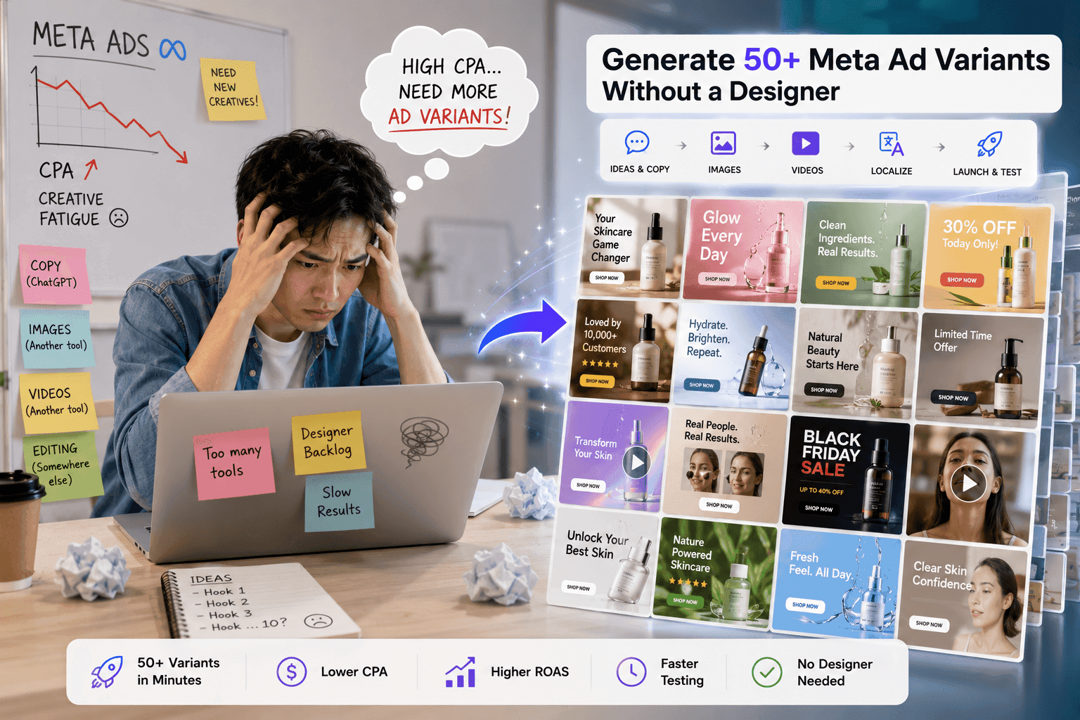 Frustrated marketer facing low ad performance, contrasted with a tool generating numerous Meta ad variants.