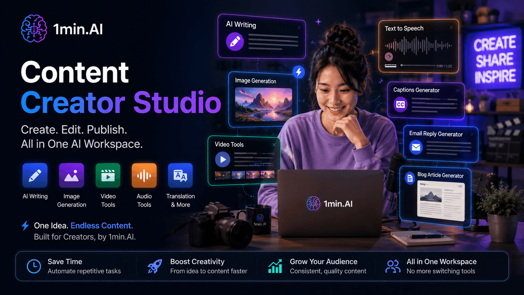 Woman uses 1min.AI Content Creator Studio on laptop, highlighting diverse AI content tools.
